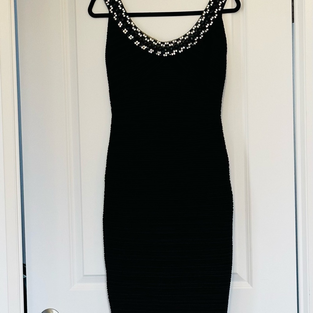 MARIA BONITA Dress Sexy Black Party Crystal Embellished Pleated Bodycon Sz M